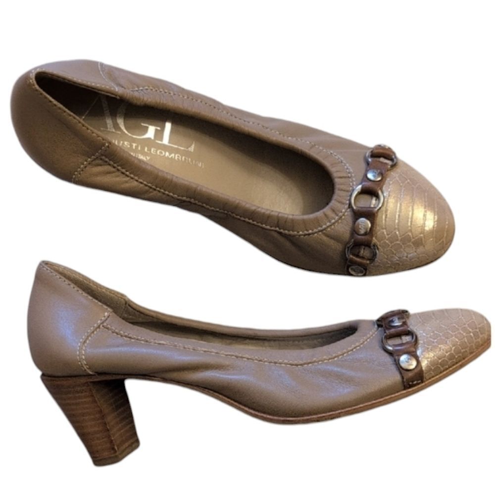 AGL Attilio Giusti Leombruni Nude Leather Pumps Wooden Heel Size 7.5